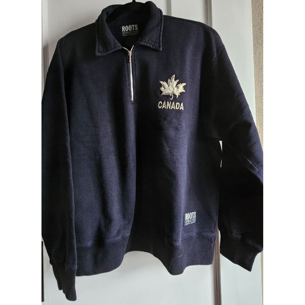 VTG ROOTS ATHLETICS navy‎ blue 1/4 zip collared men pullover solid sweatshirt S